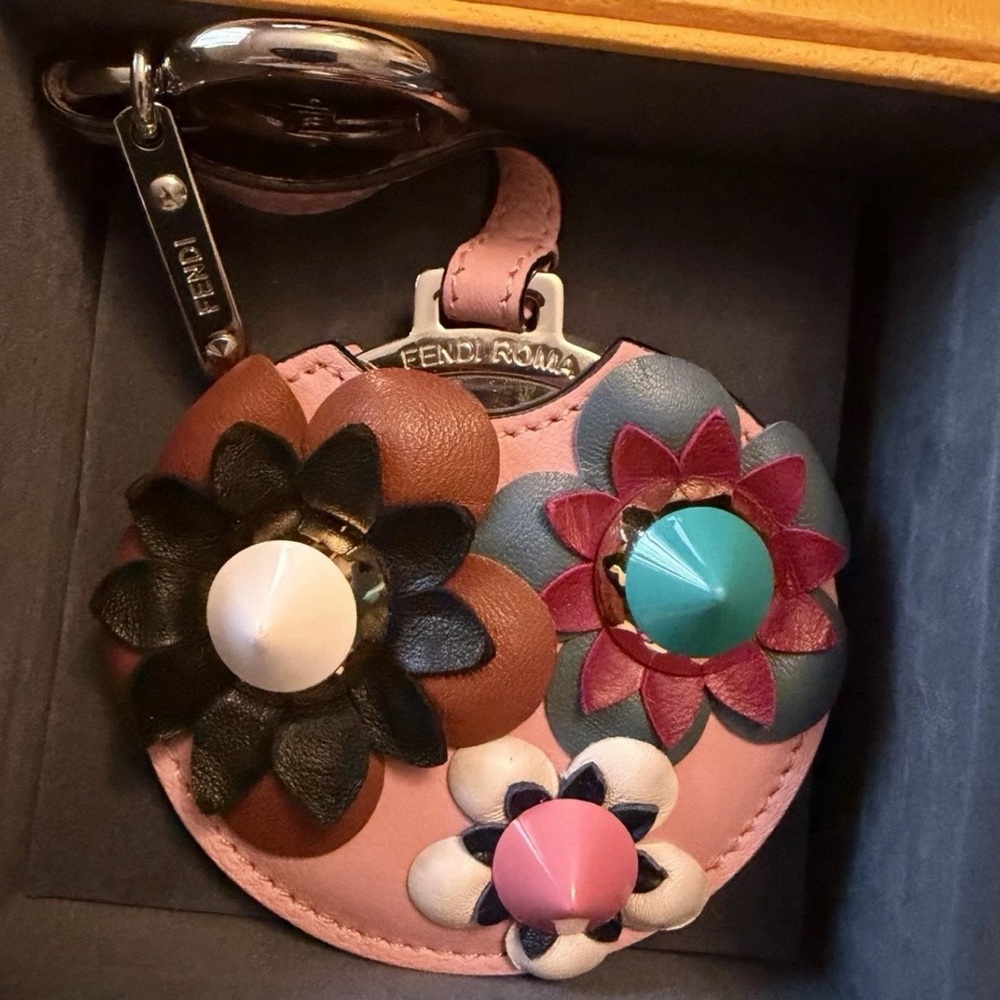 Fendi Pink Leather Floral Keychain Charm with Multicolor Flower Accents - Picture 6 of 10